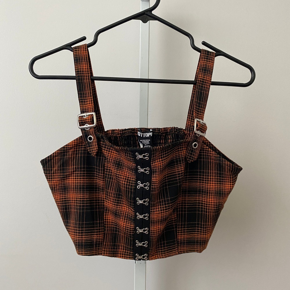 Hot Topic Goth Grunge Plaid Hook Eye Buckle Strap Crop Top SM Orange